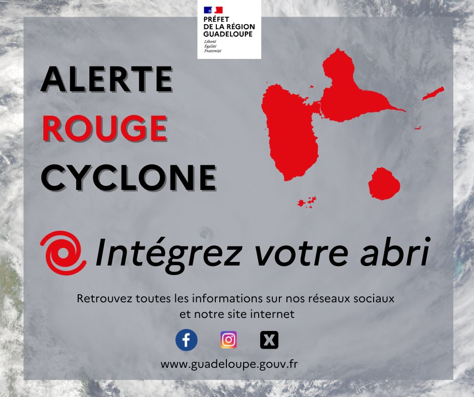 Prefet971's tweet image. #OuraganTammy  ⚠️Passage en alerte rouge cyclonique ce vendredi 20 octobre à minuit.
Plus d'informations ici 👉bit.ly/48YXPV3