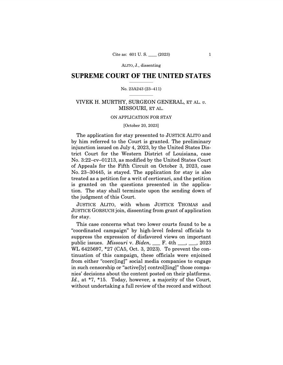 ￼ BREAKING: SCOTUS has granted cert, in Missouri v. Biden -- the nation's highest court will hear the most important free speech case in modern American history. 

Unfortunatelly the court also granted certiorari in conjunction with granting the government's request for a stay