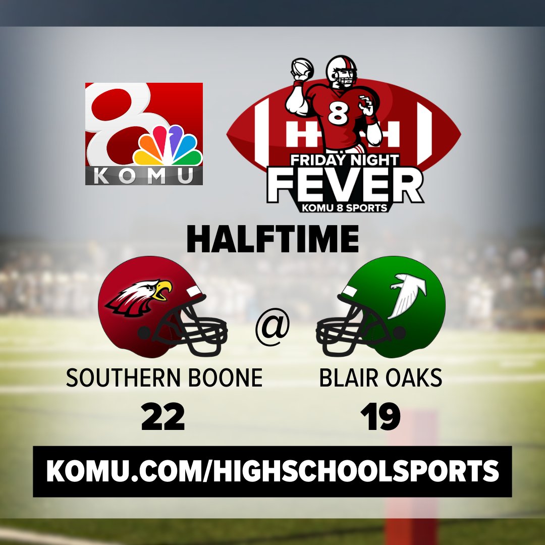 KOMUsports's tweet photo. HALFTIME | Southern Boone at Blair Oaks

Southern Boone (@SBCEagleFB) - 22
Blair Oaks (@BlairOaks_1) - 19 

@SoBoCoAthletics @WeAreBlairOaks @CoMoSports #FridayNightFever https://t.co/CsYhZY8AwD