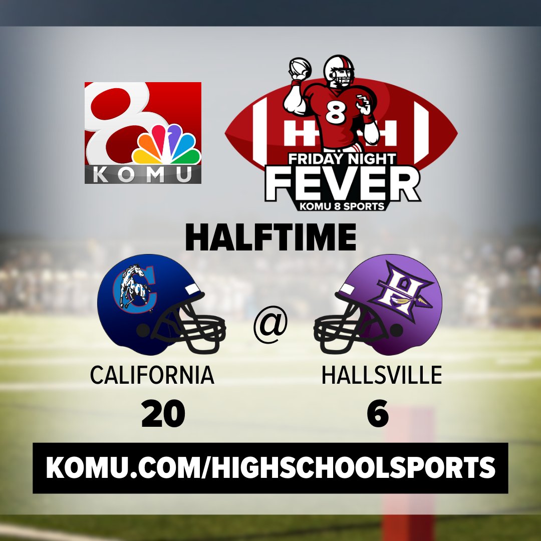 KOMUsports's tweet photo. HALFTIME | California at Hallsville

California (@PintosFootball) - 20 
Hallsville (@HallsvilleIndi1) - 6 

@PintosAthletics @CoMoSports #FridayNightFever https://t.co/vY3YuJVTQn