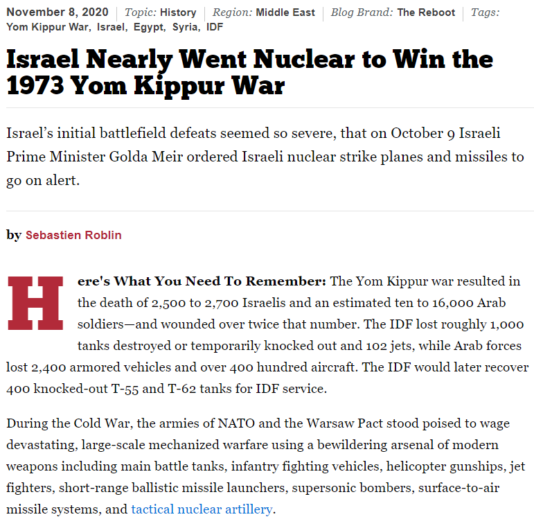 Israel was getting their asses kicked so bad in the Yom Kippur War that Golda Meir nearly dropped nukes in an act of desperation. Much like every other Zionist after like Bibi, they never show strength, they only show cowardice by resentfully lashing out like children.