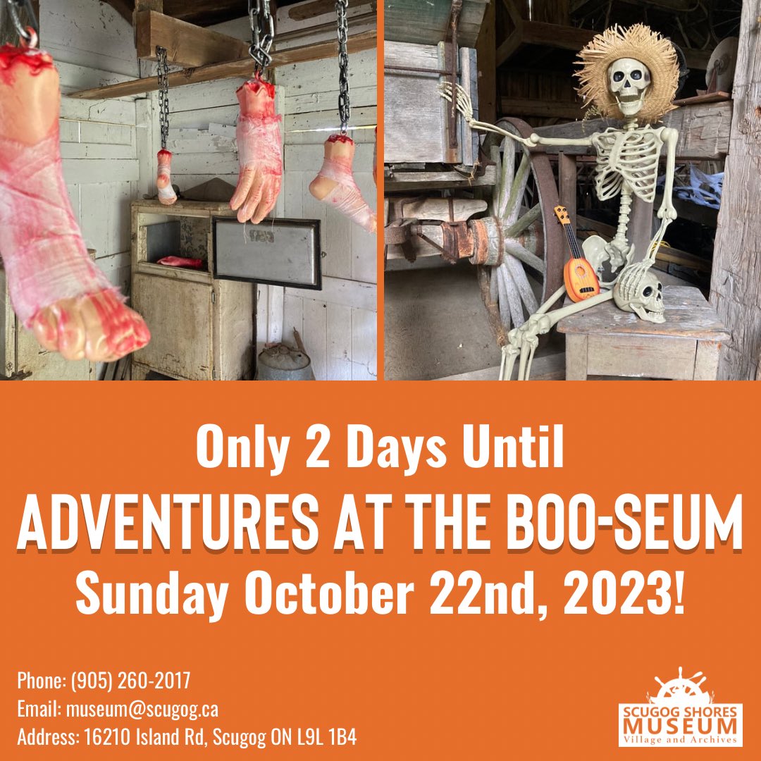 Only 2 days until our annual Adventures at the Boo-seum! Join us on Sunday from 11-3 pm for a day of Halloween fun. This spooktacular event is even bigger and better than last year! 

#adventuresatthebooseum #scugogshoresmuseum #townshipofscugog #familyfun #halloweenfun