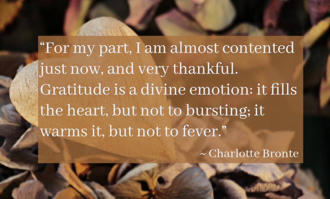 “For my part, I am almost contented just now, and very thankful. Gratitude is a divine emotion: it fills the heart, but not to bursting; it warms it, but not to fever.” ~ Charlotte Bronte

#breathingspaces #caregiving #caregiversupport #gratitude #intentionalselfcare