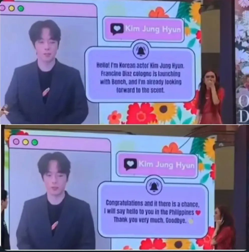 kjunghyunphofc's tweet photo. Our actor #KimJungHyun greeted PH actress Francine Diaz on the launch of her @benchtm scents! 

Waiting for further possibilities, including a fanmeet here! 

-thanks to co-fans for the video and pics https://t.co/DPgnqKhfTd