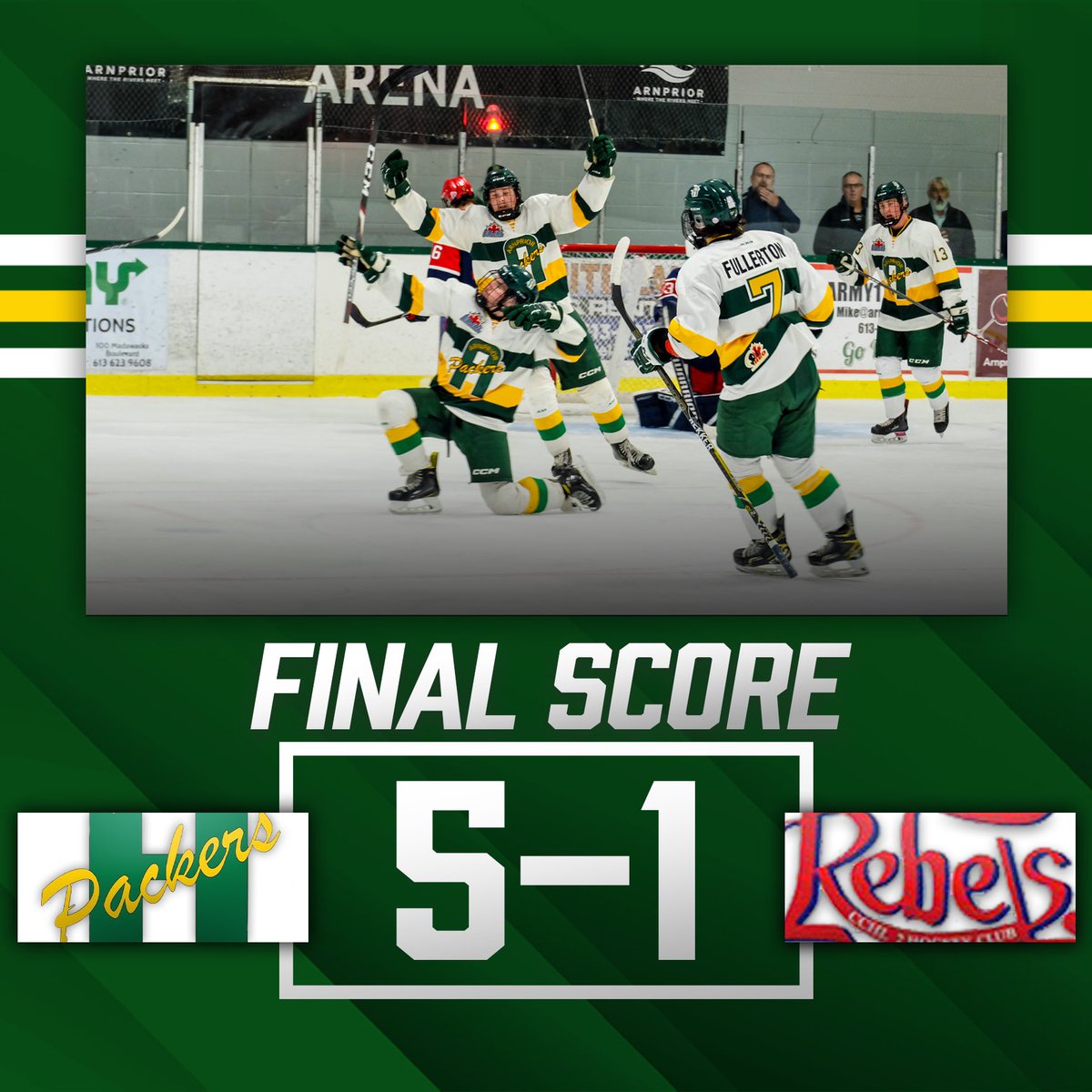PackersHockey's tweet photo. 🔰The Packers come out with a big 5-1 victory over the Char-Lan Rebels tonight on home ice. the boys will be back at it tomorrow as they hit the road to take on the Alexandria Glens!
•
#packerspride #arnprior #arnpriorpackers #packersdevelop #EOJHL #chaseforthebarkley https://t.co/CWdOxKlQOd