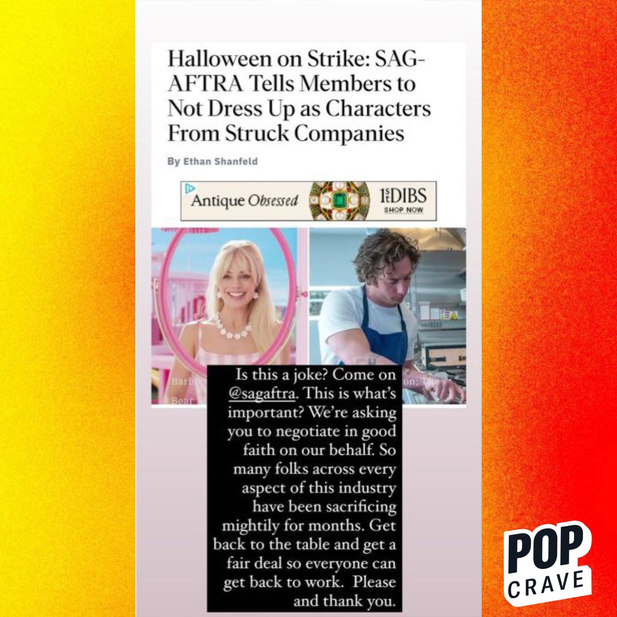 PopCrave's tweet photo. Mandy Moore calls out SAG-AFTRA for strict Halloween costume rules:

“Is this a joke? Come on @sagaftra. This is what's important? We're asking you to negotiate in good faith on our behalf. So many folks across every aspect of this industry have been sacrificing mightily for months. Get back to the table and get a fair deal so evervone can get back to work. Please and thank you.”