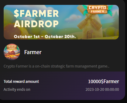 🚀Crypto Farmer's airdrop event has ended. 
Participants, please quickly claim your rewards on the airdrop interface at Famswap. 

🔗Claim link: famswap.io/airdrop/78

#airdrop #giveaway