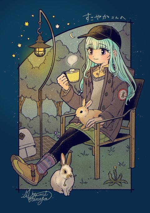 Skeb納品しました。すこやかさんからのリクエストで紫目の少女と愛兎の白と茶色のネザーランドドワーフたちでした。 黒いキャップ帽に合わせて外のイメージで、夜のアウトドアの雰囲気もいいんじゃないかなと思ってまったりさせてみました。