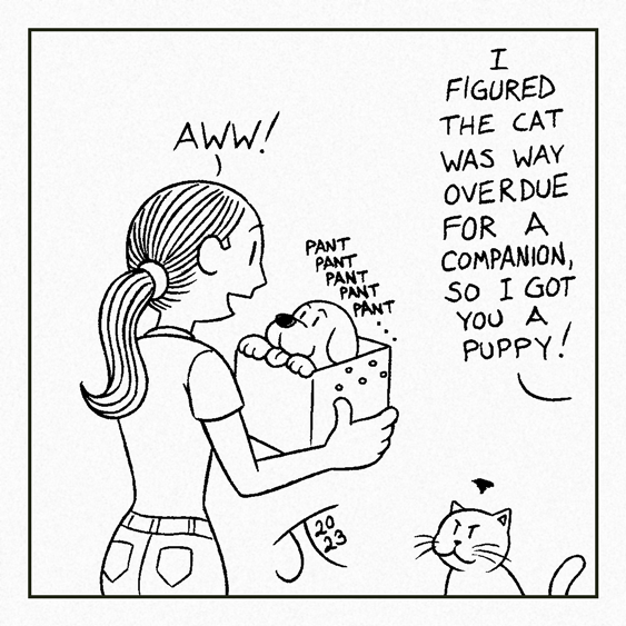 JamesTennantJr's tweet image. #JTjrInktober2023, Day 22:
#Puppy In A Box!

This is a follow up to #Inktober2018, Day 28, #Gift (also pictured).

#Inktober #Inktober2023 #Comic #ComicArt #ComicStrip #aww #cute #PetArt #dog #cat #pets #PuppyInABox #art #illustration