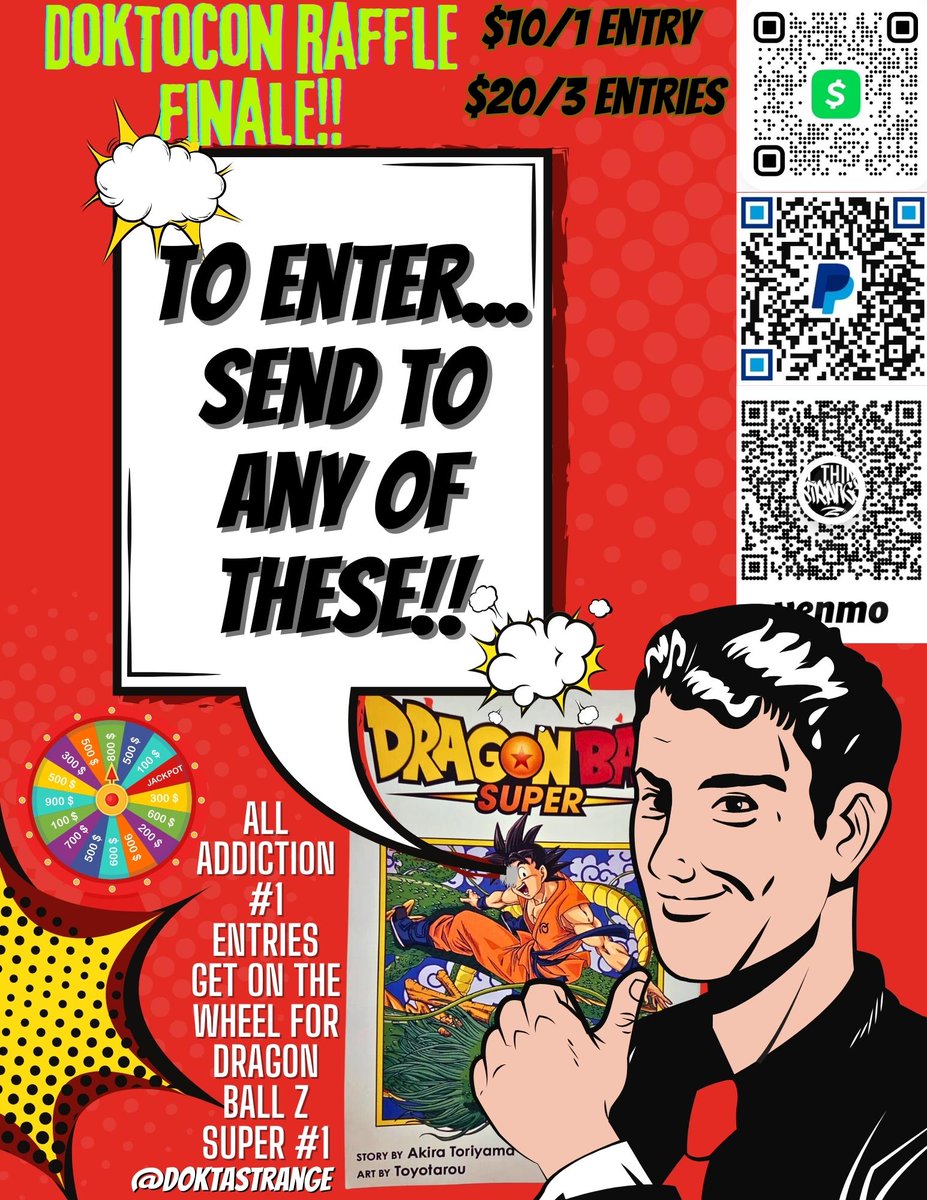 DoktaStrange's tweet photo. We're closing out the #DokToCon raffle with Comicon Exclusive!! The Addiction #1 - Serial #767/1100
Plus Con Exclusive items from #VeeFriends Crunchy Roll, ALL ENTRANTS GET ADDED TO THE WHEEL for the bonus Comicon Exclusive Dragon Ball Z Super #1
$10 = 1 entry
$20 = 3 Entries https://t.co/K1COtislMn