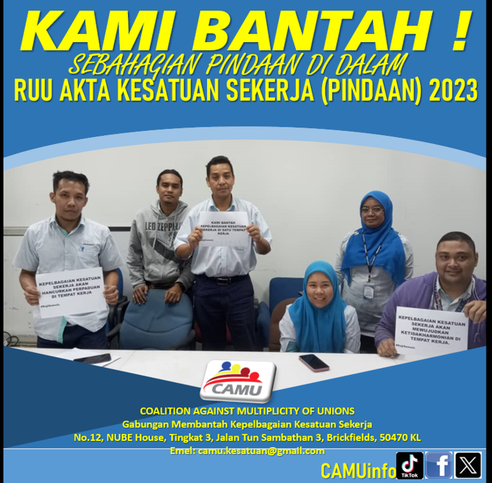 CAMUinfo's tweet photo. CAMU menyeru semua Ahli Dewan Negara MENOLAK RUU D.R.30/2023 AKTA KESATUAN SEKERJA (PINDAAN) 2023. RUU INI PERLU DIKAJI SEMULA!
@DrZahidHamidi 
@DatukSaravanan 
@MyNegara 
@PASPusat https://t.co/odlL5IWV07