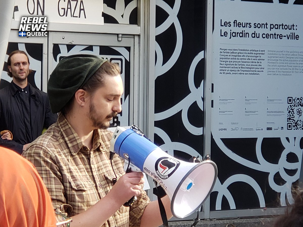 ezralevant's tweet photo. Note the megaphone sticker. 

Antifa street gangs are participating, instructing, facilitating and harboring Hamas terrorists on Canadian streets. 

cc. @rcmpgrcpolice @csiscanada https://t.co/FWbgTG4g91
