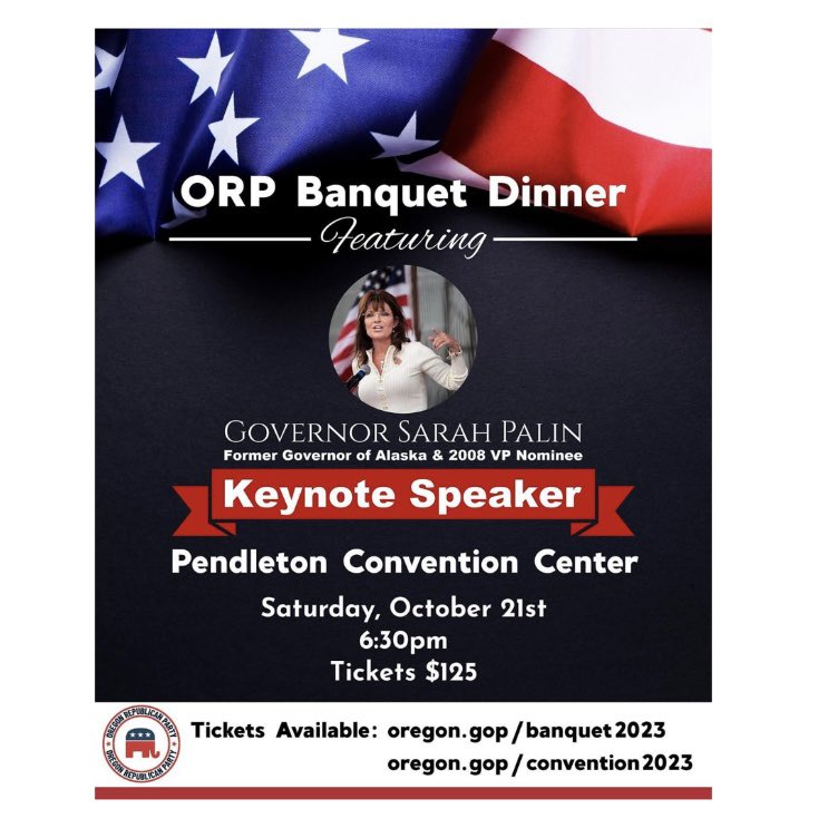 SarahPalinUSA's tweet photo. Oregon #GOP convention tomorrow 🔑Keynoting🇺🇸 United We Stand! #Pendleton #OregonGOP #OregonRepublicans #ORP @GOP @Oregon_GOP @ORrepublicans #UnitedWeStand https://t.co/PXICvTrMkA