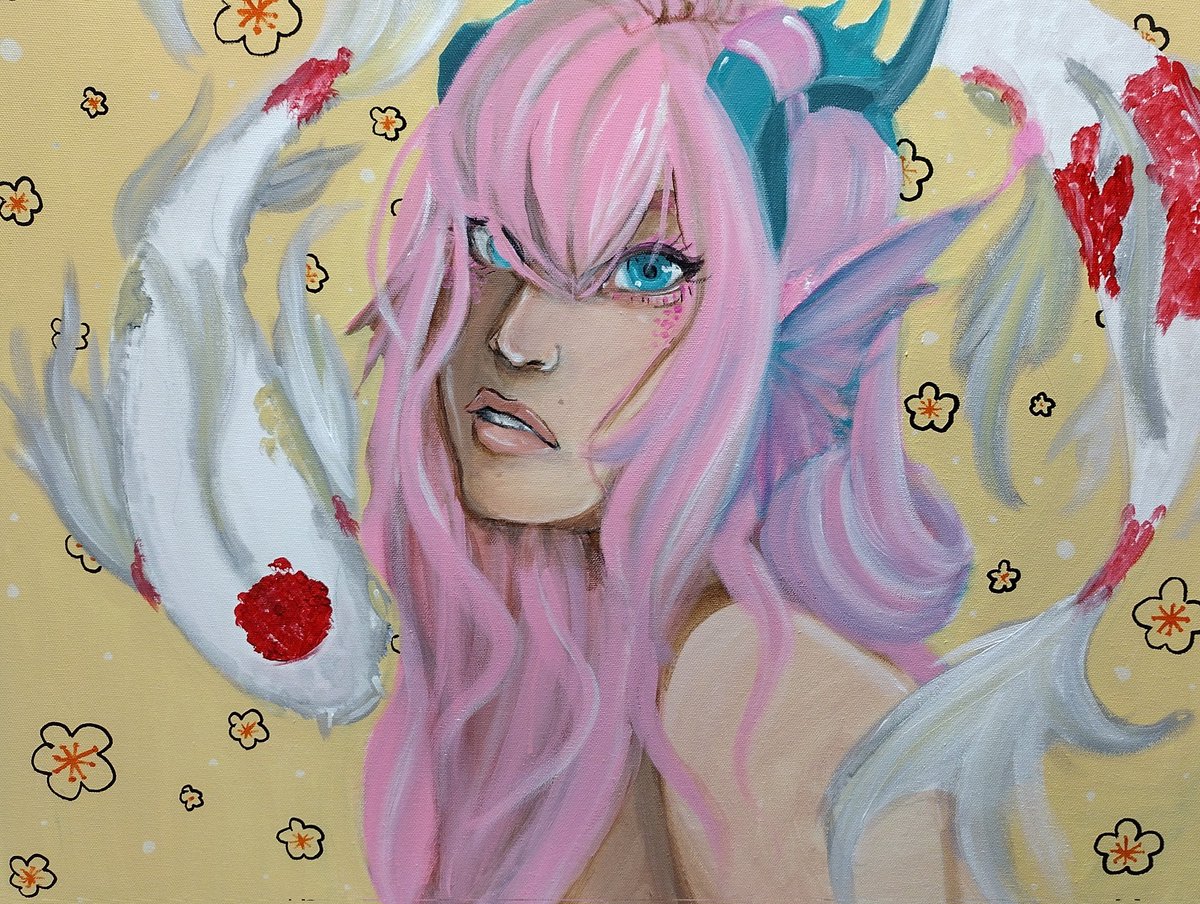 Sunnie_Moth's tweet photo. Finally was able to muster the ability to get creative 😅 I have just had a lot going on so art went on the back burner. But hopefully this is my comeback! ☺️ Acrylic on canvas. #oc #koifish #koi #dragongirl #kawaii #acrylicpainting #canvas #practisemakesperfect #keepgoing https://t.co/sIweeyiVYs