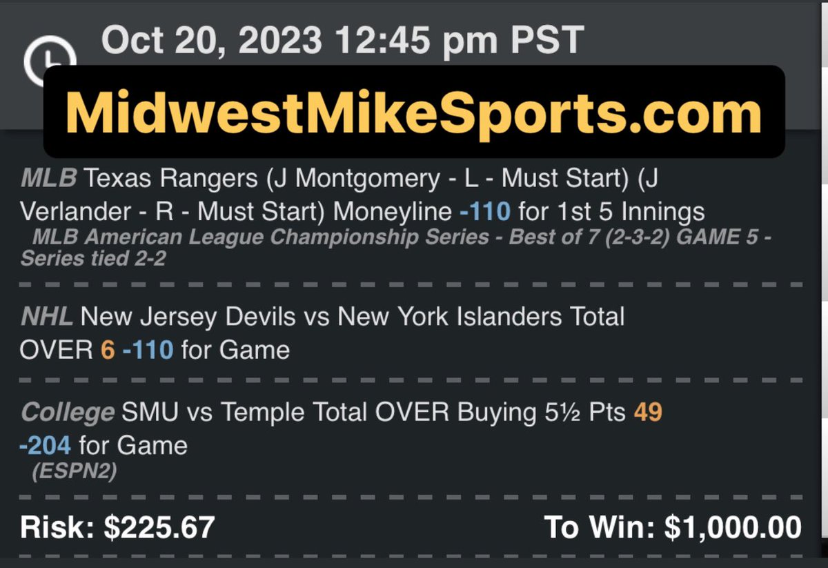 MWMikeSports's tweet photo. 2U CFB PUSH

1-0-2 START PLUS PARLAY WINNER FOR +3.42 UNITS

ISLANDERS OVER 6✅ 3U
SMU OVER 55 (2U PUSH)
RANGERS F5 ML (3U PUSH)
PARLAY ✅ +0.42U WITH PUSH

https://t.co/kfi8H8MrcE

#GamblingX #GamblingTwitter #CFB #MLB #NFL #FreePicks #FreePlays https://t.co/VZxBIKcHbP