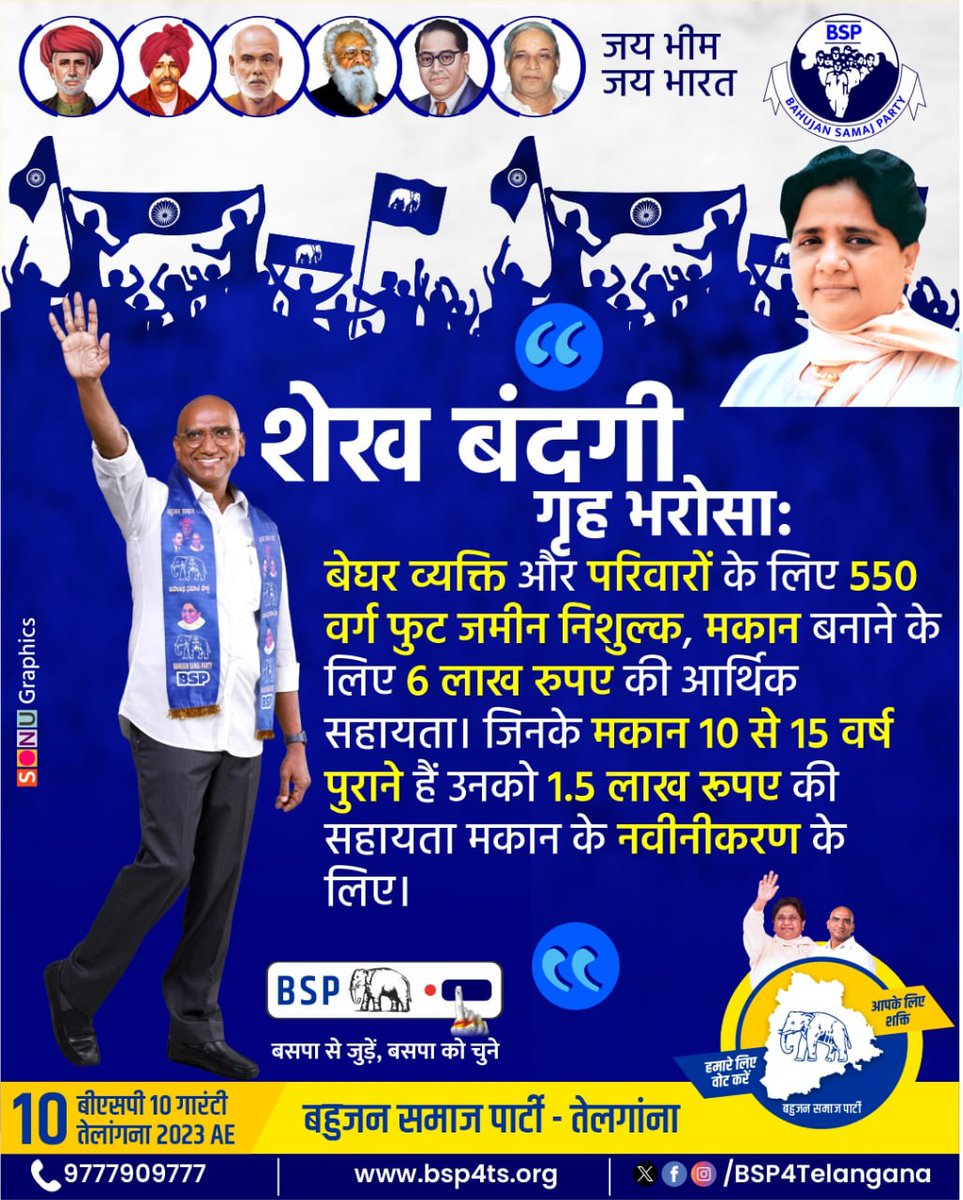 #तेलंगाना_बहुजन_भरोसा
10. शेख बंदगी गृह भरोसा : बेघर व्यक्ति और परिवारों  के लिए 550 वर्ग फुट जमीन निशुल्क, मकान बनाने के लिए 6 लाख रुपए की आर्थिक सहायता। जिनके मकान 10 से 15 वर्ष पुराने हैं उनको 1.5 लाख रूपए की सहायता मकान के नवीनीकरण के लिए।
<a href="/AnandAkash_BSP/">Akash Anand</a> <a href="/RSPraveenSwaero/">Dr.RS Praveen Kumar</a>