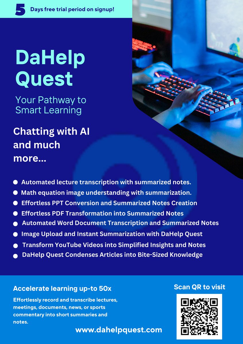 developerswollc's tweet image. Experience DaHelp Quest for Free! ✨ Sign up today and enjoy a 5-day free trial period. Explore the future of learning at no cost. #FreeTrial
•
•
#AcademicSupport
#HappyUsers
#EnhancedLearning
#FreeTrial
#StudySmart
#DaHelpQuest 
#PDFChat 
#studywithDaHelpQuest 
#students