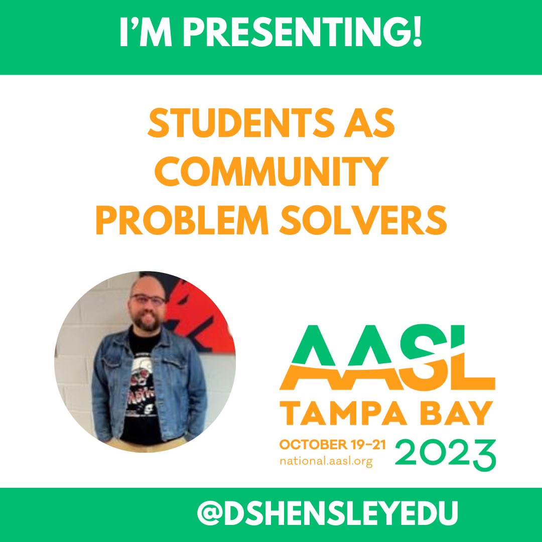 Hey #AASL23! Come see me tomorrow at 3:00 in Room 111 for my session on Students as Community Problem Solvers! There are also incredible sessions with other amazing librarians happening at the same time that I wish that I got to attend!