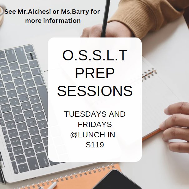 Starting next week we will be running preparatory sessions for any students who will be writing the OSSLT this year. These sessions will provide support and practice to help students prepare for the test.