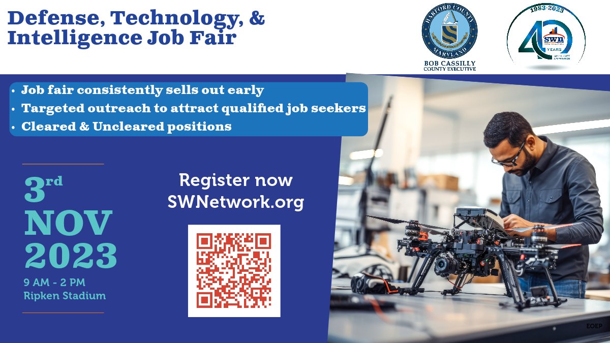 SWNJobs's tweet image. Gear up, Cecil &amp;amp; Harford pros! 💼 DTI Job Fair, 11/03, Ripken Stadium. Network w/ top Defense, Tech, &amp;amp; Intel leaders. Secure &amp;amp; non-secure jobs! Register &amp;amp; upload your resume NOW, even if you can't attend! SWNetwork.org/job-fair

#DTIJobFair2023 #NextLevelCareer #SWNJobs