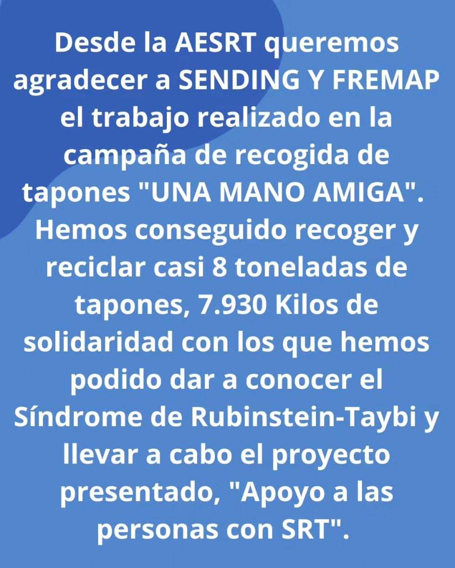 Gracias a todos por hacerlo posible, a todas las redes de solidaridad que se han tejido en torno a la campaña, a las personas  que han llevado tapones a los diferentes puntos de recogida
#fremap 
#sending
#visibilidad
#enfermedadesraras
#discapacidad
#rubinsteintaybi