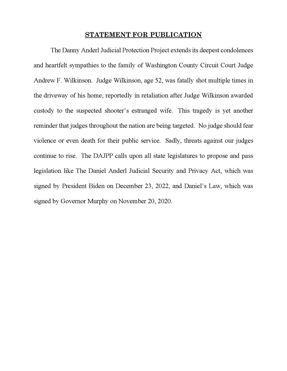 BREAKING: DAJPP's Statement regarding the fatal shooting of Washington County Circuit Court Judge Andrew F. Wilkinson.