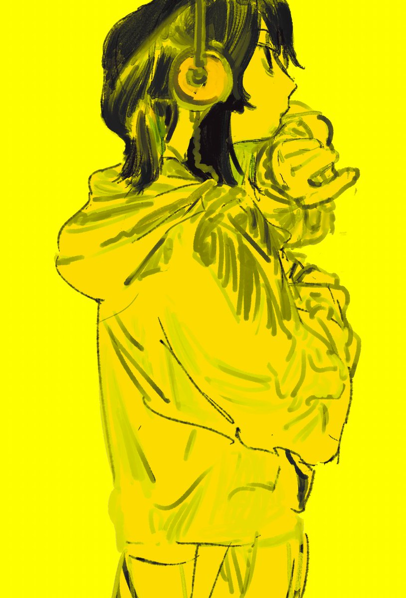 1girl solo yellow background headphones hood yellow theme simple background  illustration images
