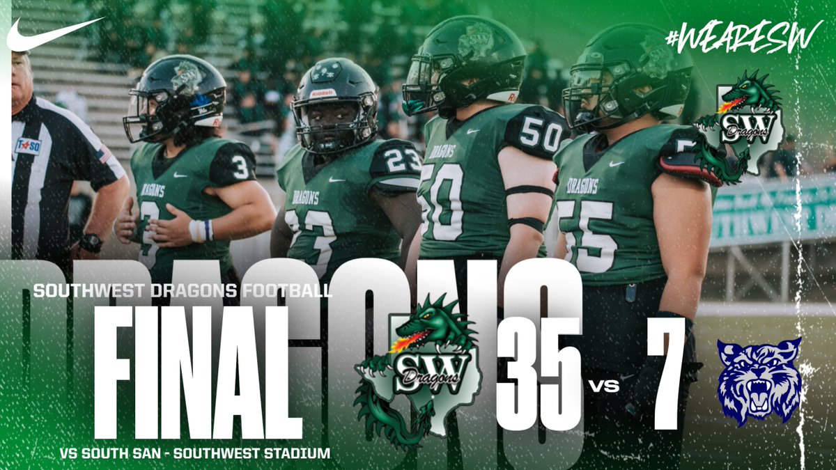 SWDragonsFB's tweet photo. Great night to be a Dragon! On Senior Night the Dragons win 35 to 7 over the South San Bobcats. Dragons improve to 7-1. Congrats to @swisd_swhsvb on winning the District Championship tonight! Go Dragons! #WeareSW #AAAO https://t.co/2jeCLrF76p