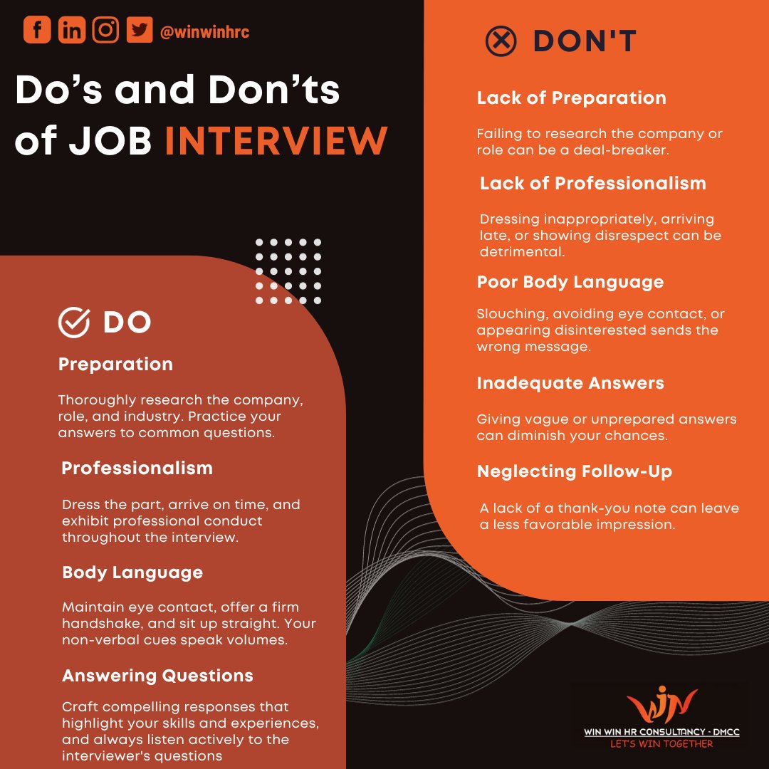 🌟 Unlock Your Interview #Success! 🌟
Cracking the code to a successful #interview isn't rocket science—it's all about mastering the dos and don'ts. 🚀 #Canada #StateOfCare #winwinhrc #SaturdayVibes #StagesOfLife #Dubai  #Riyadh #ManpowerSupply #UAE #MiddleEast #USA #UK  #Africa