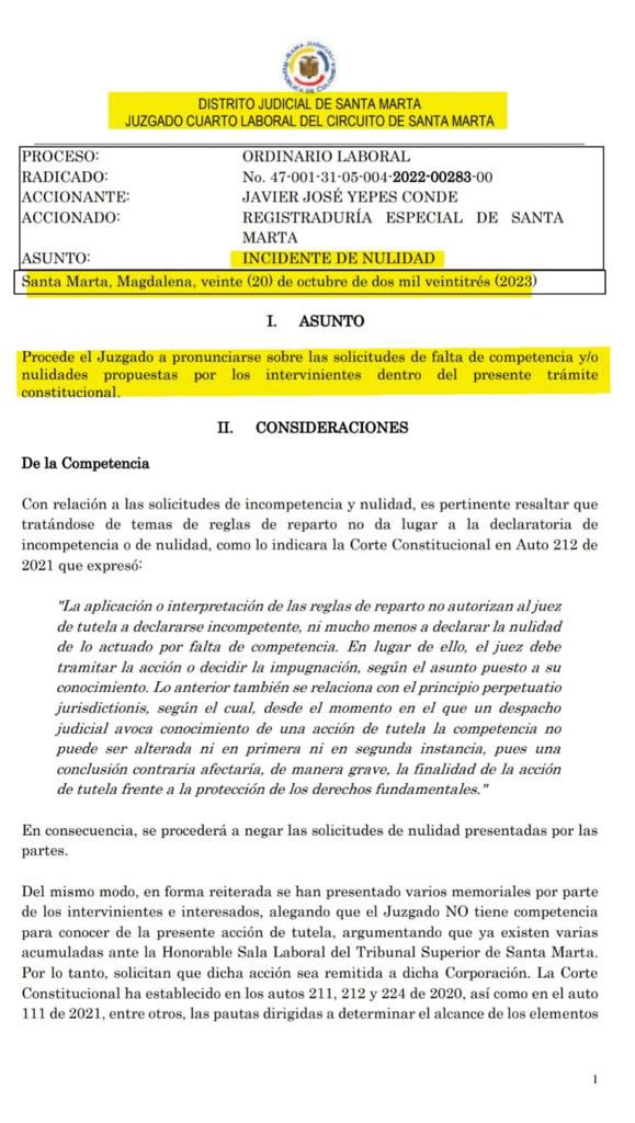 mrafael70's tweet photo. Juez que decide sobre inscripción de Agudelo desmiente al Registrador y aclara que tribunal no debe decidir sobre el caso

A todos esos clanes que han orquestado un ataque sistemático en nuestra contra, hoy nuevamente la justicia NO les da la razón. Todo ese entramado de interponer tutelas y demandas para tumbar la inscripción de @JorgeAgudeloA a la alcaldía de Santa Marta por @fzciudadana se les cae, así como sus mentiras.  Han buscado todas las formas para eliminarnos del escenario político y no han podido, ni tampoco lo harán. 

Las intenciones perversas  por parte de las mafias de la región que buscaban tumbarlo a través de abogados prepagos, quedaron sin argumento ante el Juzgado 4to Laboral del Circuito de Santa Marta, el cual a través de este Auto niega todas las solicitudes de nulidad y envía un mensaje claro: tiene toda la facultad para mantener la decisión que nos permite llegar con nuestro candidato a la contienda electoral del próximo 29 de octubre. Tenemos candidato, se llama Jorge Agudelo y será el próximo alcalde de la ciudad.