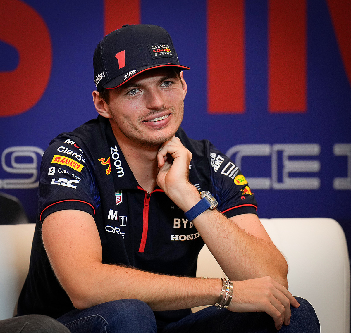 Red Bull driver Max Verstappen of the Netherlands smiles at a press conference at the Formula 1 Grand Prix in Austin, Texas. #sonyalpha #sony600mm #alpha1 #texas #formula1 #f1 #racing #cars #cota #speed #austin #circuitoftheamericas #redbull #grandprix #sportsphotograher