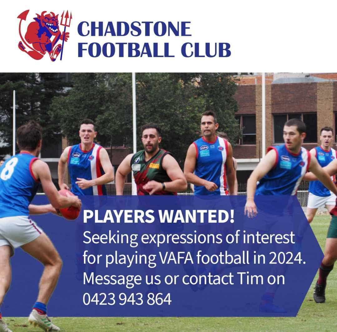 Chadstone are looking for players for the upcoming 2024 season to field 2 teams in the newly structured Division 3 VAFA season.

Players of all skill level welcome!