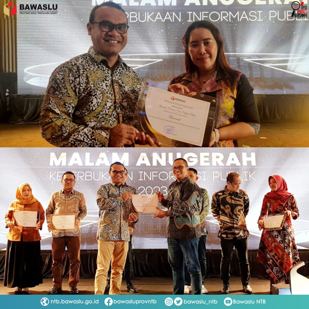 Sahabat Bawaslu, tahun ini Bawaslu NTB kembali meraih predikat informatif dalam Monitoring dan Evaluasi Keterbukaan Informasi Publik untuk Bawaslu Provinsi Tahun 2023, yang diselenggarakan oleh Bawaslu RI. 🥳

#AyoAwasiBersama #PemiluSerentak2024 #keterbukaaninformasi