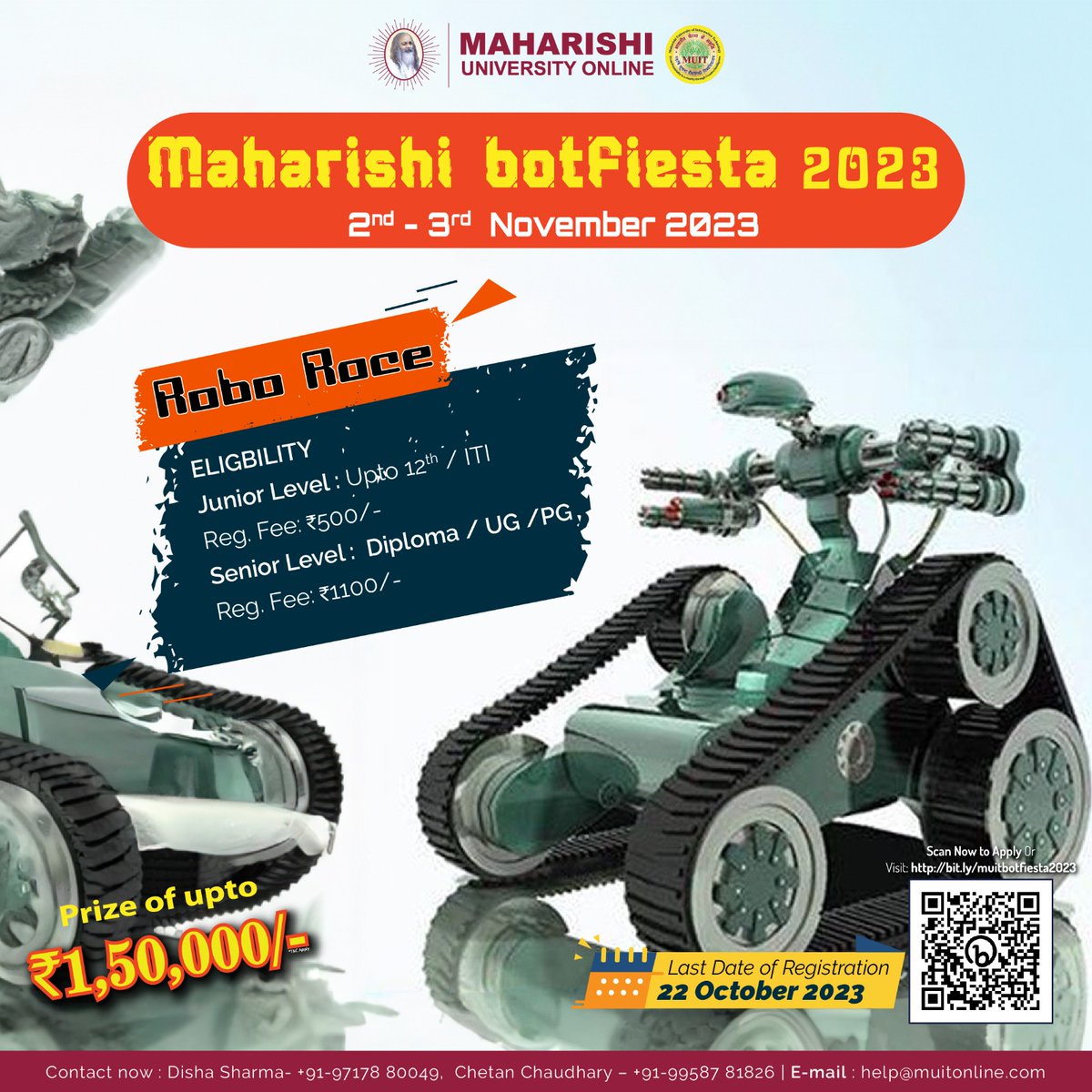 muitindia's tweet image. @muitindia is excited to announce the #MaharishiBotFiesta2023!

🤖 Get ready for an exhilarating #RoboRace Competition, a perfect fusion of motorsport excitement and the fascinating world of engineering and software development, all without human drivers. 🏎️🔧

Event Details:

🗓️…