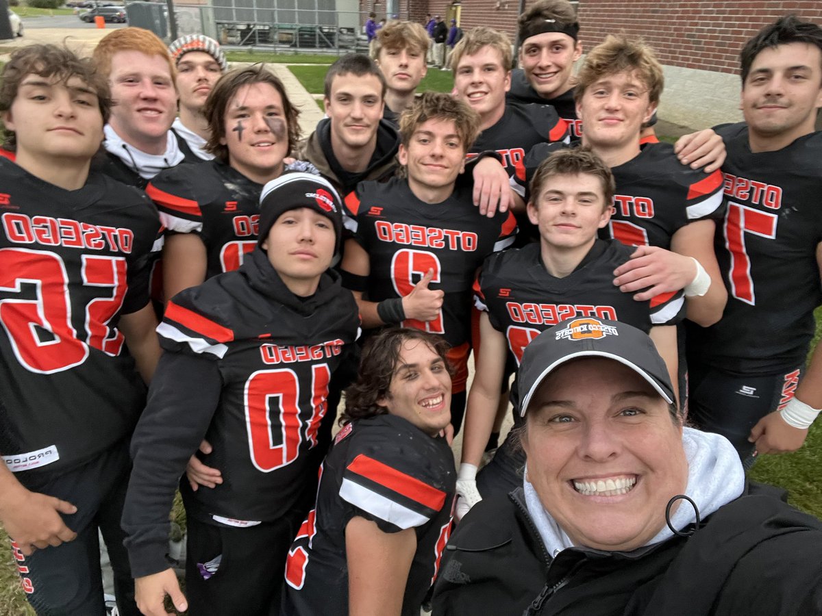 OtsegoSportsMed's tweet photo. Busted out my long arm to get the #SeniorNightSelfie with the senior boys of @Otsego_Football! It’s been a great ride! Thanks for the laughs and extra gray hairs! #OtsegoKnights #SoManyInjuries #NeverADullMoment https://t.co/tBU0kVBZOe