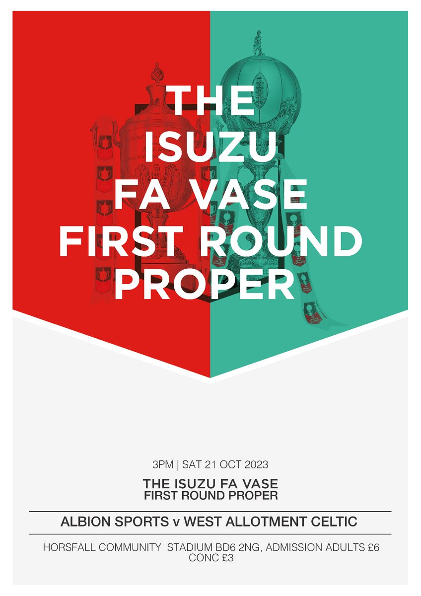 AlbionSportsAFC's tweet image. 🆚 @wacfc
🏆 @IsuzuFAVase
🏟 BD6 2NG 
🕑 3pm KO
🎟️ Adults £6, Conc £3