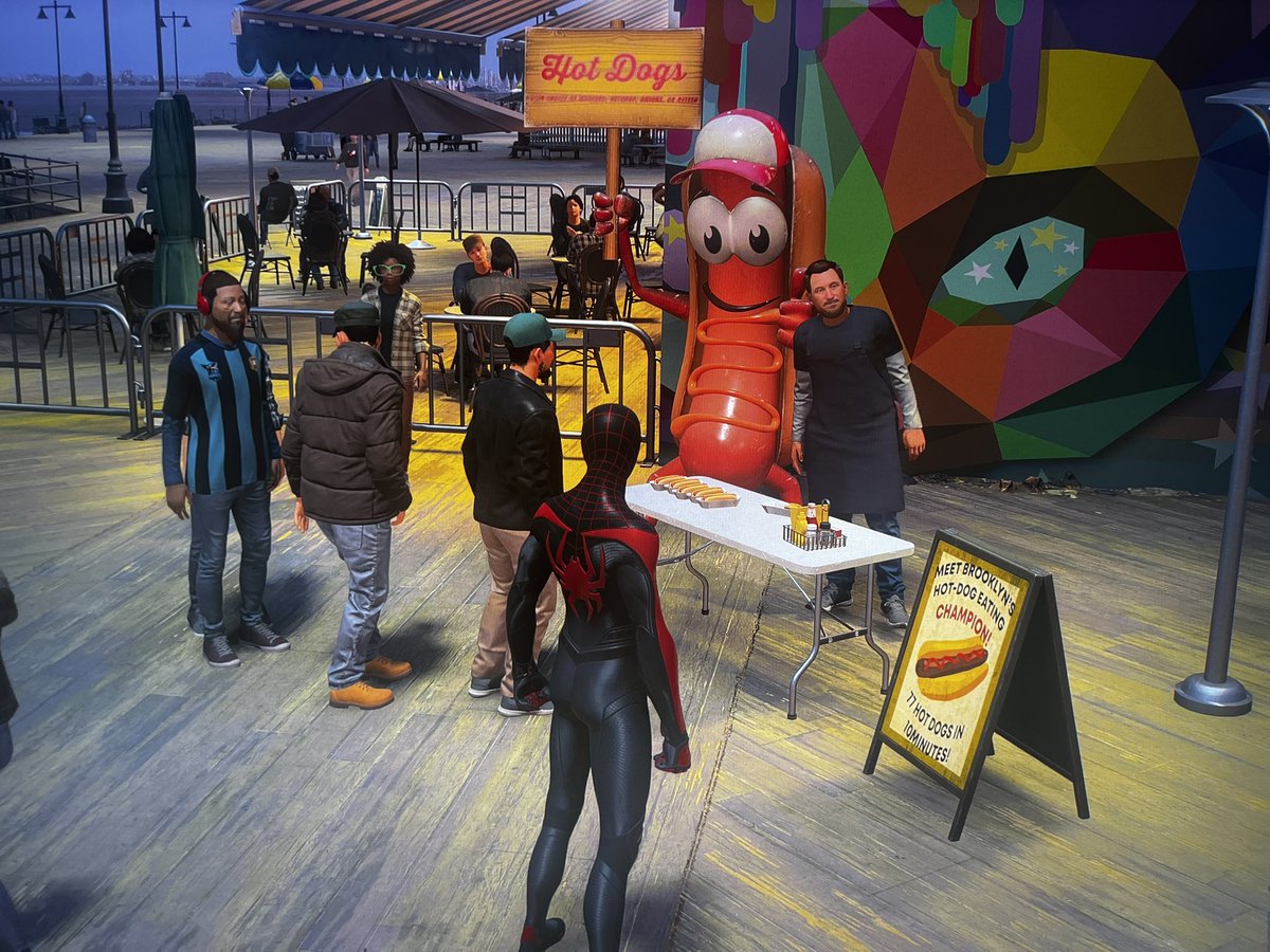 orignal_J's tweet photo. They really added the GlizzyGoat Joey Chestnut in #SpiderMan2 😂 🌭 

#PS5 #Joeychestnut #coneyisland #MilesMorales #MilesMoralesPS5 https://t.co/Dsy1HSyYQ6