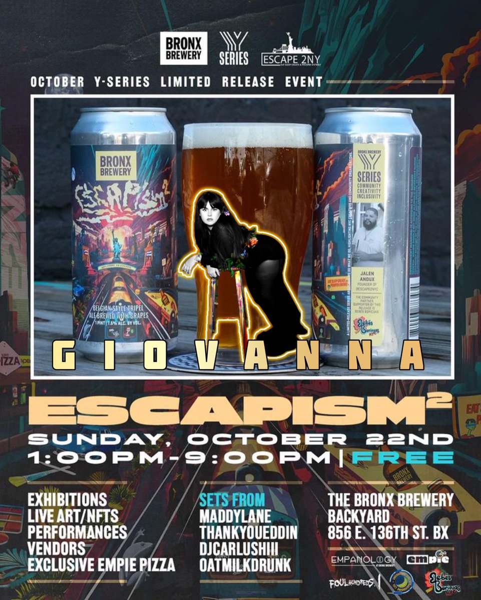 GiovannaWorld_'s tweet photo. Im back in #NY this weekend for ESCAPISM by @ESCAPE2NY ❤️🥹

We celebrating their anniversary and launch of their new beer 🍻

Connect with me this Sunday at @TheBronxBrewery 📍 as I continue to expand on my current series WOMBYN ✨🐈‍⬛

🕰️: 1PM - 9PM
📍 BRONX BEWERY
🎟️ FREE https://t.co/DKv6jNzeTR