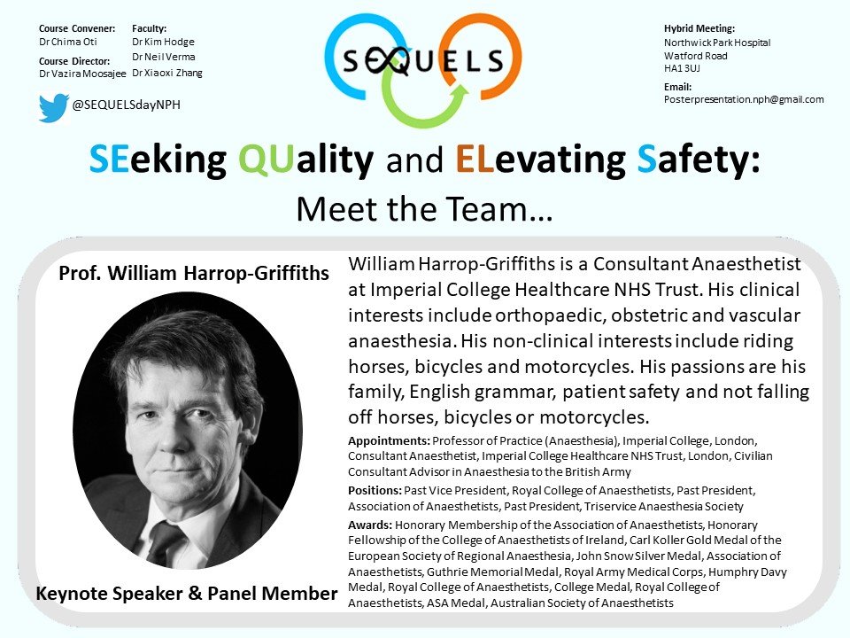 SEQUELS Pan-London (and beyond) symposium is on 22/11/23.  Book your FREE place with 5 RCoA CPD credits today!
tinyurl.com/sequelsreg

We are delighted that our keynote speech on Safe Anaesthesia will be delivered by the esteemed  Prof William Harrop-Griffiths @WHarropG