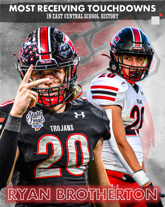 EastCentralFB's tweet photo. Sr. Ryan Brotherton is East Central's new record holder for most TD receptions in program history with 29

Brotherton's (2) TD catches in the Trojans opening round sectional game broke a record held since 2001
#WeAreEC https://t.co/AltdEyIcwp
