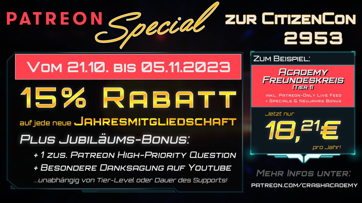CrashAcademyNet's tweet photo. 🎩#PATREON #Special: 15% Rabatt auf Jahresmitgliedschaften &amp; Jubiläums-Bonus! 🎩 Vom 21.10. - 05.11.23 erhaltet Ihr 15% Rabatt plus einen exklusiven #Bonus wenn Ihr uns mit einer neuen Jahresmitgliedschaft bei @Patreon unterstützt! ➡️https://t.co/Kr16uDHSdW https://t.co/0BrjmgwGgH