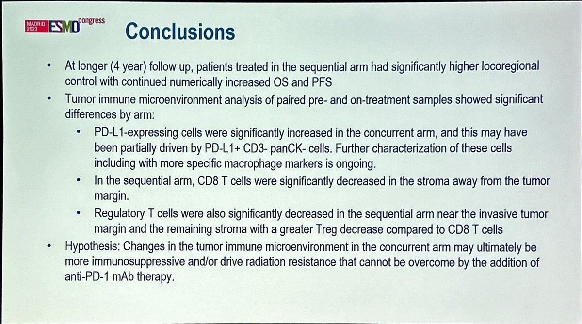 Another example of the importance of the sequence of IO with respect to chemoradiation. 

Superior LR control and PFS when pen to given sequentially after CRT in locally advanced head neck cancer. 

#ESMO23 #hncsm