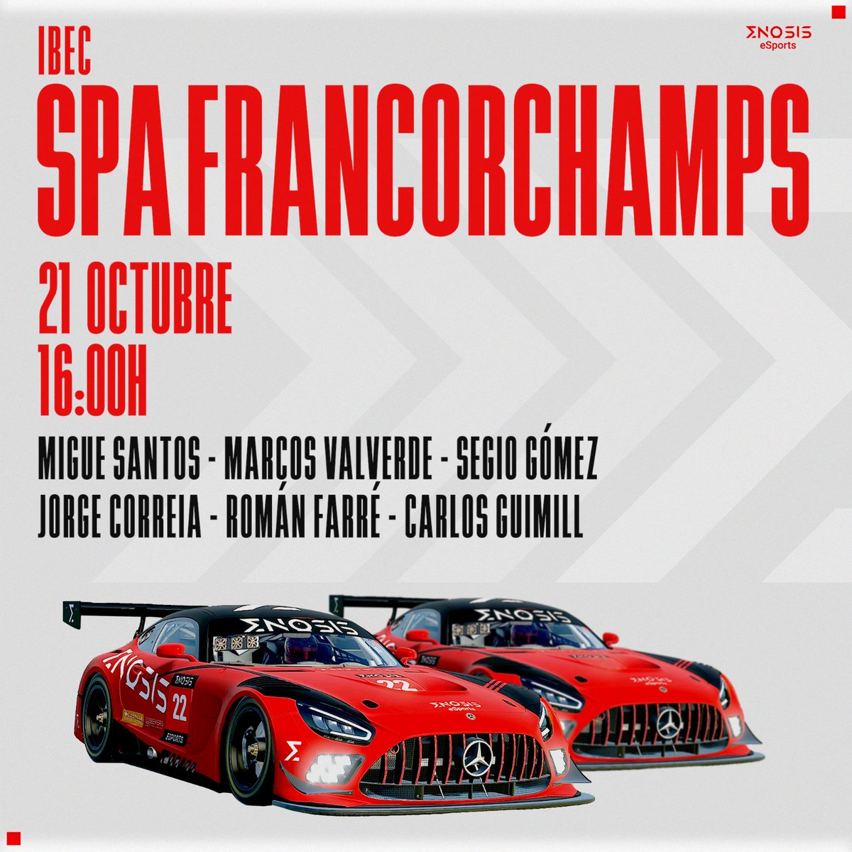 Enosis eSports (@e_enosis) on Twitter photo Arrancamos motores en @IracingSim #IBEC con 2 GT3!
A las 16h la primera carrera, desde Spa:
📺twitch.tv/spanishresiste…
Mucha suerte a nuestros pilotos!
M. Santos <a href="/msa987_/">M.Santos 🛶⛱️ 🦁</a> M. Valverde <a href="/valverDf1_/">marcos⁶¹🪐</a> S.Gómez @sergiogom23 J.Correia <a href="/antizyklon/">Jorge Correia</a> R.Farré <a href="/73malasangre/">73malasangre</a> C.Giumill <a href="/Giumill_/">Giumill</a> Arrancamos motores en @IracingSim #IBEC con 2 GT3!
A las 16h la primera carrera, desde Spa:
📺twitch.tv/spanishresiste…
Mucha suerte a nuestros pilotos!
M. Santos <a href="/msa987_/">M.Santos 🛶⛱️ 🦁</a> M. Valverde <a href="/valverDf1_/">marcos⁶¹🪐</a> S.Gómez @sergiogom23 J.Correia <a href="/antizyklon/">Jorge Correia</a> R.Farré <a href="/73malasangre/">73malasangre</a> C.Giumill <a href="/Giumill_/">Giumill</a>