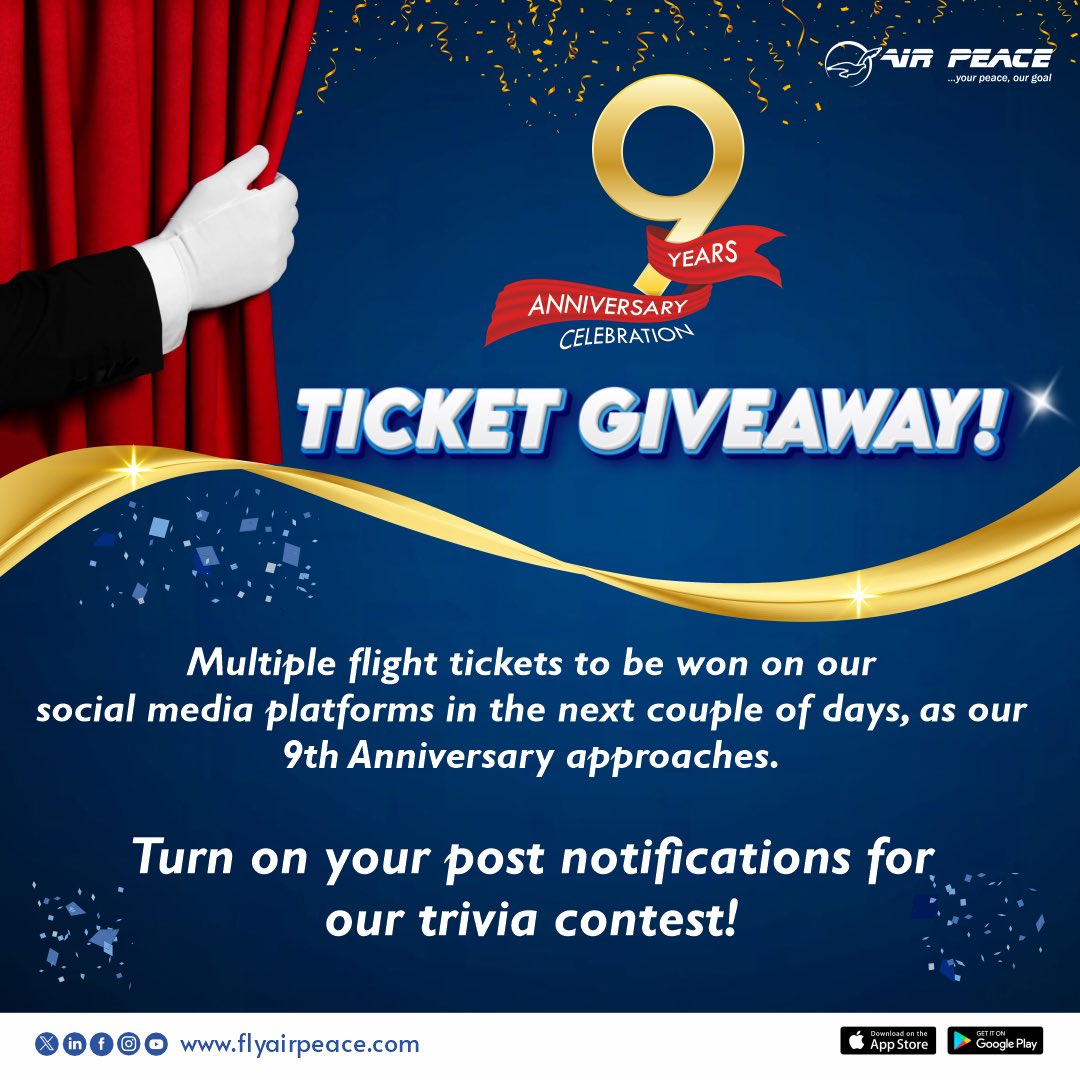 Ahead of our 9th Anniversary celebrations on October 24, 2023, we'll be giving out free flight tickets here and on board. Watch out! #AirPeaceis9 #trivia #giveaway