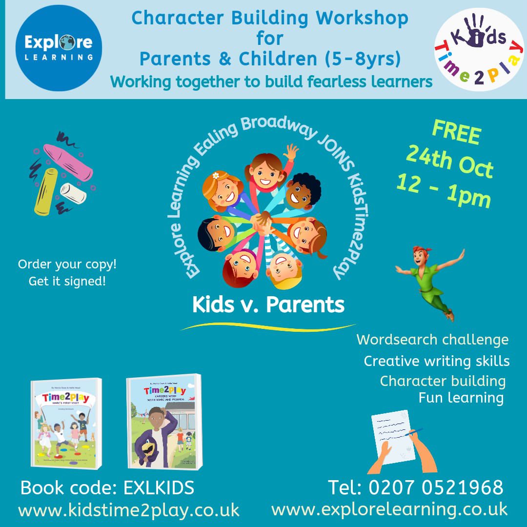 **NEW WORKSHOP**

We have an opportunity to collaborate with Explore Learning on:

24th Oct 12-1pm 

Venue: Ealing Broadway Shopping Centre. 

It's a FREE workshop for parents and their children aged 5-8yrs old. Come down and join the fun.
😉