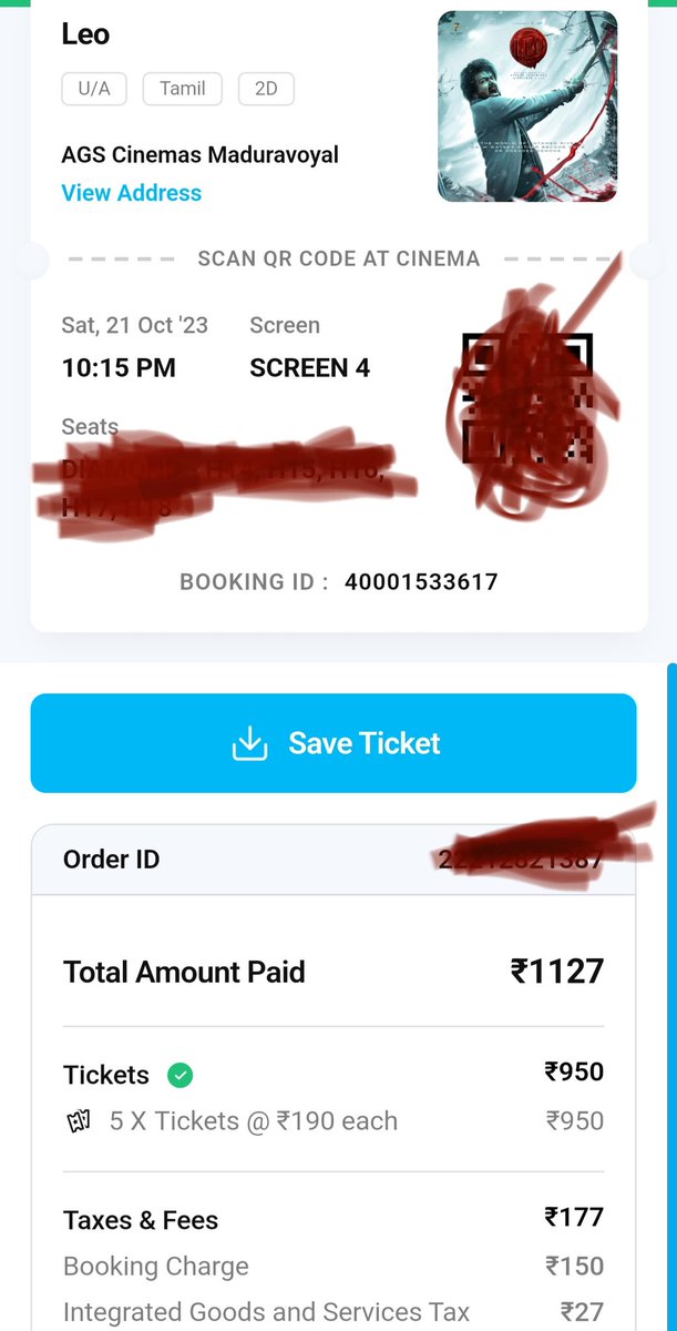 5 tickets @ AGS Maduravayol...Night Show today
#LeoBlockbuster #Leo #LeoTicketsHelp #LeoMovie #Leoticket #LeoIndustryHit