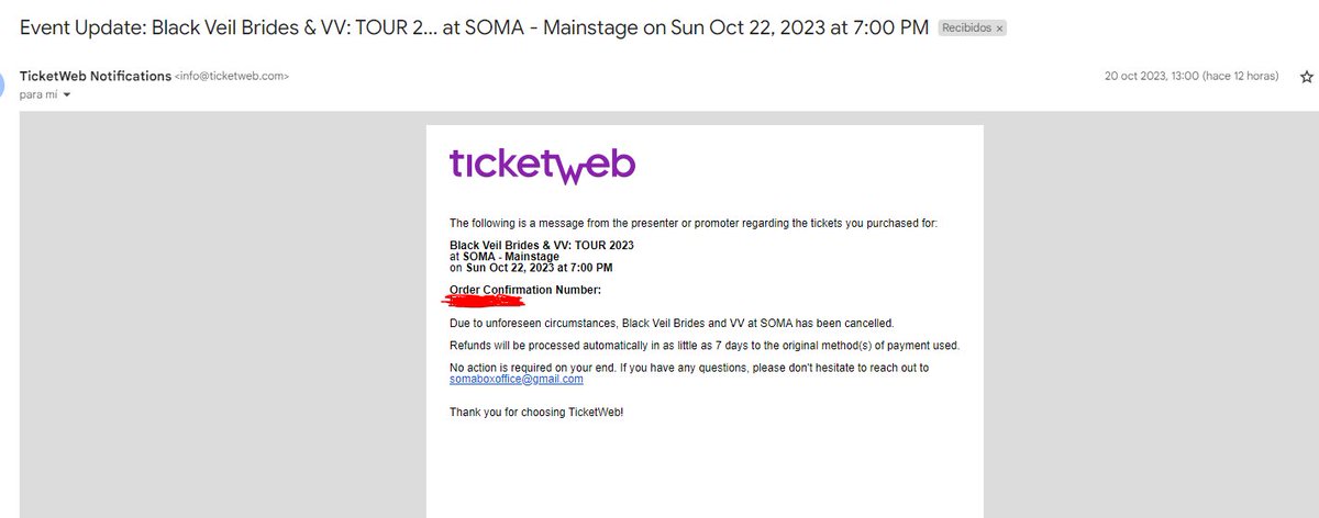 ElyDarkVT's tweet photo. Amigos estoy muy muy triste... 
Acabo de recibir el correo de que VV y BVB cancelaron no solo el concierto del domingo al que iba a ir, sino el concierto de hoy sábado también.. https://t.co/lq4lOioc5p