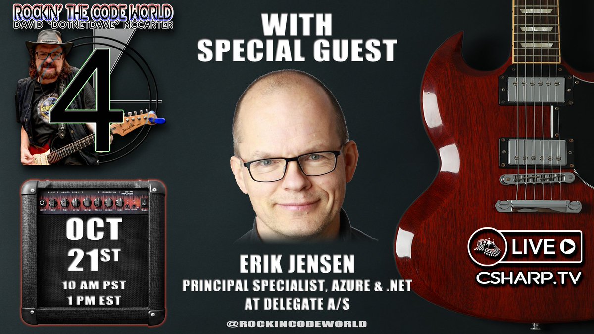 CSharpDotTV's tweet image. Join @realDotNetDave with @ErikEJ, today at 10:00 AM (PST) for the next episode of Rockin&apos; The Code World - a weekly live show focused on .NET technology. 

Live streaming at csharp.tv

#CSharpTV #LiveShow #RockinCodeWorld #dotnetforall #DOTNET