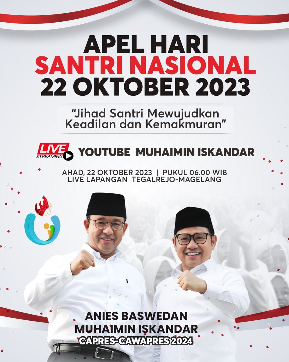 Apel Hari Santri Nasional di lapangan Tegalrejo Magelang.. “Jihad Santri Mewujudkan Keadilan dan Kemakmuran”.

Saksikan besok pagi pukul 06.00 WIB di kanal Youtube Muhaimin Iskandar.

#harisantrinasional 
#AMINkanIndonesia