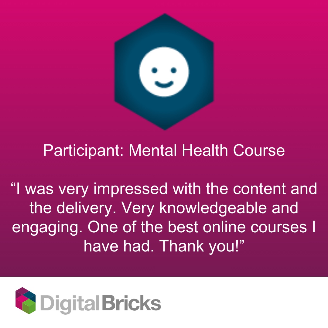DigitalBricksHQ's tweet image. Here is a great example of the lovely feedback we receive.🤩

This testimonial is from a participant of the Mental Health Awareness online course. Just one of the courses we have to offer! 

Take a look: bit.ly/3RCBMxj 

#digitalbricks #feedback #training #courses